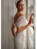 Off Shoulder Ivory Glitter Lace Slit Luxurious Wedding Dress